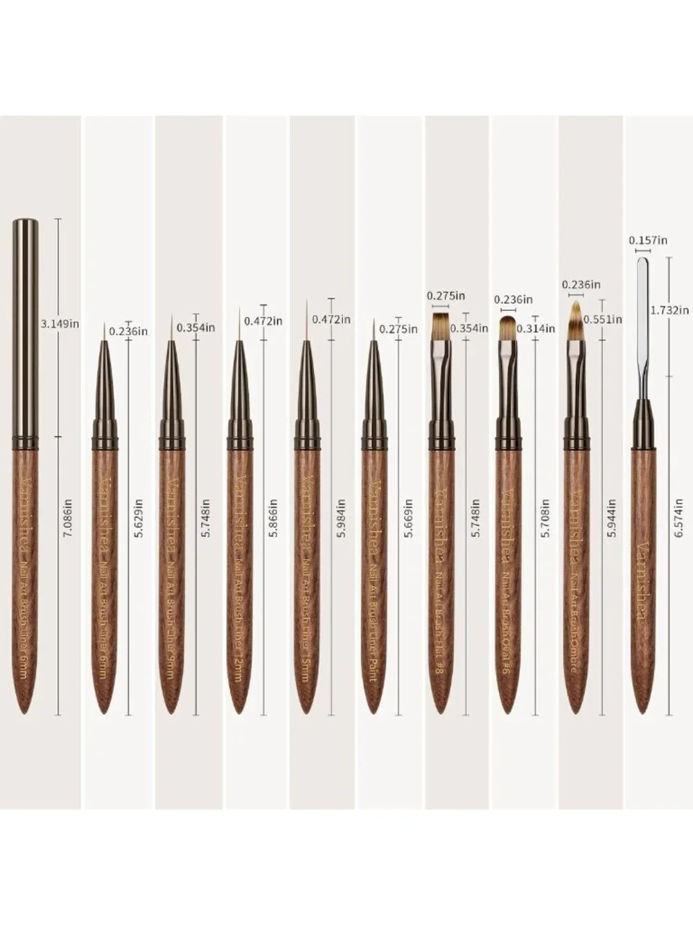 9Pcs Professional Nail Art Brushes Set - Sandalwood Handle, Gel Polish & Dotting